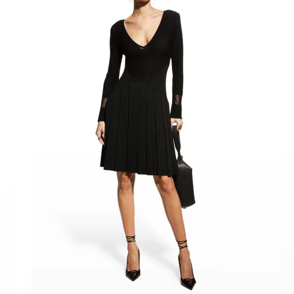 EMPORIO ARMANI Ribbed Ottoman Knit V Neck Mini Dress Black SZ 44/US 8 EUC - Picture 1 of 12